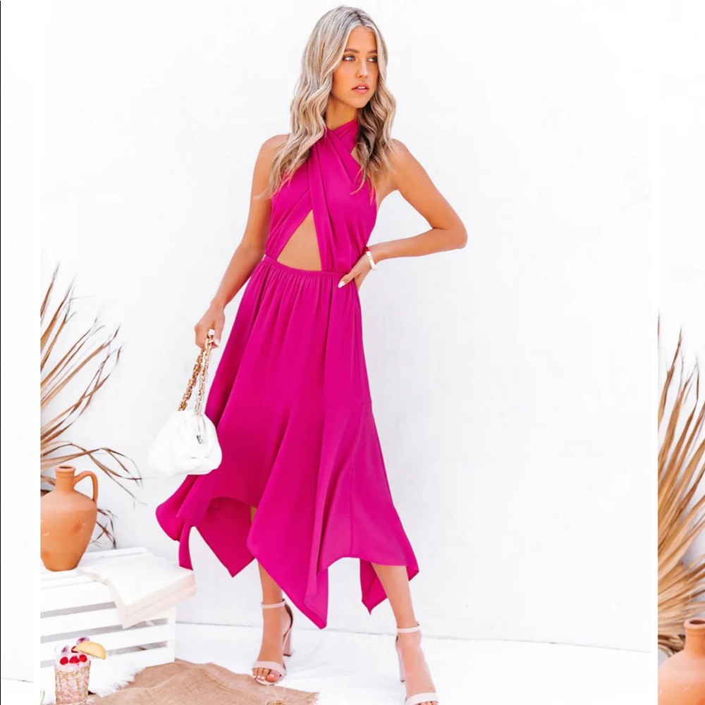 Halter cut out midi dress fuchsia